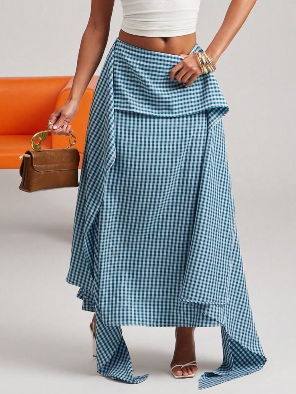 Multicolor Casual Women's Gingham Plaid Tiered Flare A-Line Midi Skirt - Picture 4 of 6